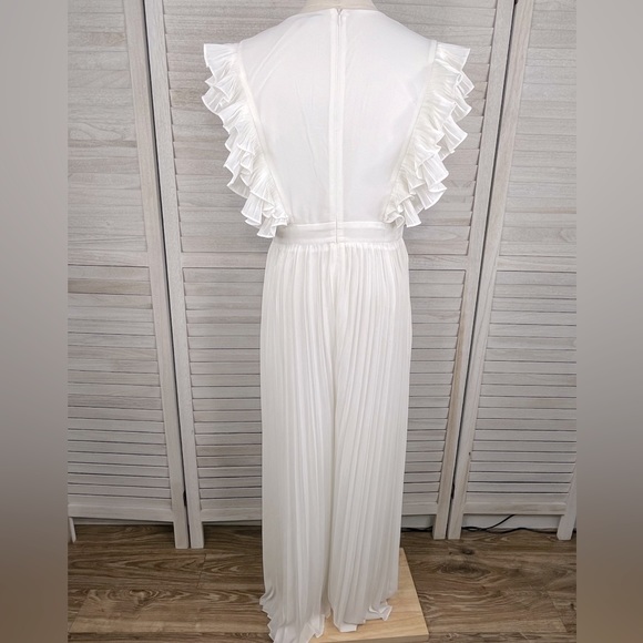 THE CLOTHING COMPANY Bridal Jumpsuit Pleated Wide Legs & Ruffle Sleeves White-L - Picture 6 of 6